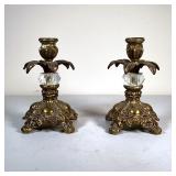 (2pc) Pair Candlestick Holders | Palm leaf-form brass and cut glass candle holders. - h. 7 x dia. 5