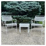 (4pc) Outdoor Furniture Suite | Including a set of two white nesting tables (largest h. 15.5 x 20 x