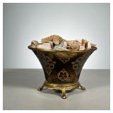Glass Vase & Shells | Gold decorated brown frosted glass vase on brass footing, filled with an assor