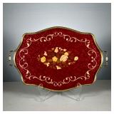 Italian Serving Tray | Brass gallery and handles with a stained faux inlaid wood in a red tone, mark