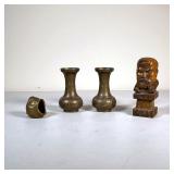 (4pc) Brass & Other Decor | Including a pair of vases, a small fish, and a carved wood bust (h. 4.75