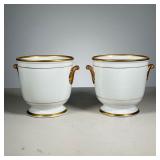 (2pc) Pair Gilt Cache Pots | Dated 1899 on the bottom, white porcelain cache pots with gilt rims and