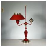 Red Tole Students Lamp | Red and polished brass with gilt accents. - l. 18 x h. 28.5 in 