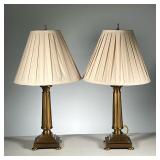  (2pc) Pair Brass Column Table Lamps | With pleated shades. - w. 6 x h. 23 in (excl. shades) 