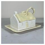 Belleek Butter Dish | Irish Cottage form covered butter dish with a branch form handle. - l. 6.5 x w