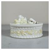 Belleek Box | Oval lidded box with a sleeping baby on the lid. - l. 4.75 in 