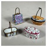 (4pc) Miniature Limoges Boxes | Hand painted boxes, including one with floral design, one of purse s