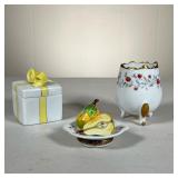  (3pc) Limoges Boxes | Illiterate gift box, a hinged lid fruit plate box, and a small egg shaped vas