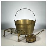  (3pc) Brass Fireplace Tools | Including a heavy bucket, a trivet, and a small warming pan. - h. 8 x