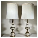 (2pc) Pair Large Antique Lamps | Off-white and brass table lamps with large shades. - h. 40.75 x dia