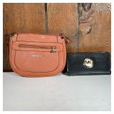  (2pc) Michael Kors Purse & Wallet | Including a tan brown leather purse, and a black double zipper 