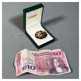 (2pc) Irish Pin & Currency | Including an Irish 10 pound note and a Tara Celtic enameled pin in orig