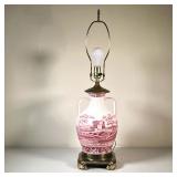Transferware Lamp | Double handled vase with red transferware decoration, mounted as a table lamp on