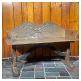 EAGLE CARVED BENCH | Pine 20th C Bench with a Carved Eagle and the American Shield. Shield, arrows a