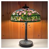 TIFFANY STYLE LAMP W/PEACH TULIP SHADE | Great Tiffany style design of the shade and the bronze colo
