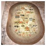 FOLK ART BRAIDED RUG | Vintage Braided Rug with a center design of Houses, Barns, Cows, Sheep, Trees