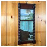 SHERATON MIRROR W/OIL PAINTING | Mahogany Sheraton style mirror with rope turned columns and an oil 