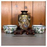 SATSUMA VASE & CLOISONNÉ BOWLS | Vintage Asian Group Includes: (1) Satsuma Vase with blue mark. (2) 