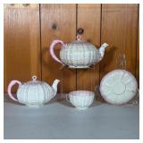 (3PC) BELLEEK TRIDACNA TEAPOTS 1ST BLACK MARK | Group of Tridacna Pattern Belleek with large and sma