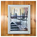 GLENN MILLER DORIES AT SUNSET WATERCOLOR | Dories at sunset. Watercolor of dories tied dockside. Sig