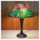 STAINED GLASS LAMP W/PINK ROSES | Lamp has leaves on column and round base Three bulb illumination. 