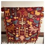 (3PC) QUILT RACK & PERUVIAN TAPESTRIES | Primitive Quilt rack all wood pegged joined. Carved base an