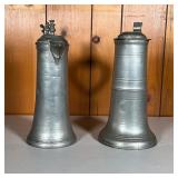 (2PC) 18TH C PEWTER FLAGONS | 18th and 19th C Flagons: (1) Inscribed “HIK AMH 1744” with great inscr