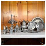 (34PC) VINTAGE PEWTER LOT | Large Antique and Vintage Lot includes: (1) 13” Charger, (3) 9” plates, 
