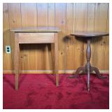(2PC) CANDLE STAND & COUNTRY TABLE | Lot includes: (1) 19th C Mahogany Candle Stand with butterfly j
