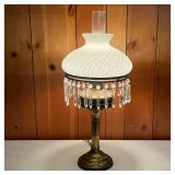 OIL LAMP W/SHADE & CRYSTALS | Brass plated oil lamp with milk glass swirl shade and crystal drop pen
