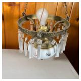 HANGING OIL LAMP | 19th C Hanging Oil Lamp with milk glass decorated lamp. Chimney but no shade with