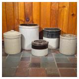 (5PC) VINTAGE STONEWARE CROCKS LOT | Lot includes: (1) Robinson Ransbottom Brown & White Four Gallon