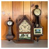 (3PC) WALTHAM, NEW HAVEN BANJOS & STEEPLE CLOCK | Three 20th C Clocks Including (1) Small Banjo by W