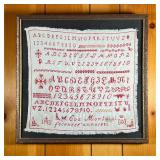 SAMPLER 1893 EVA MONTAINI | Red on white Sampler made by Eva Montaini, 1893. Also has a IHS with a c