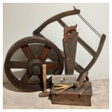 (16PC) TOOL BOX, TOOLS AND WOODEN WHEEL | Vintage Tool Lot Includes: Nice example of an Early Carpen