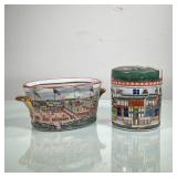 PAINTED CHINESE CERAMICS | Includes lidded jar and oval basin, both depicting international embassie