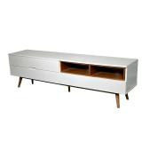 WHITE MID-CENTURY TV STAND | Includes: 2 open shelves with cable organizing holes in back and 3 pull