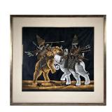 ELEPHANT WARFARE PAINTING ON SILK | Elephant Warfare. Oil paint on cloth. Depicts warriors with shie