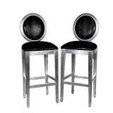 (2PC) PAIR SILVER & BLACK BARSTOOLS | Silver painted wood barstools with faux snakeskin print on bla