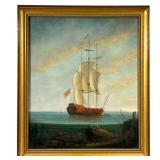 NEIL BOREN (20TH CENTURY) | "leaving harbor" Oil on canvas. 24in x 20in. Showing 3 masted sailboat a