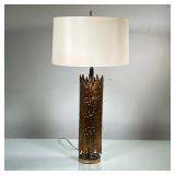 PAINTED BRASS LAMP | Gold-painted metal welded together in cylinder to form base lamp. Unique and ey