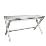 CRATE & BARREL WHITE GLASS TOP DESK | Model no: 491-2663543. Three-drawer white desk with X-legs. - 