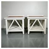 (2PC) PAIR PALECEK WHITE INLAY SIDE TABLES | Pair of white side tables with woven inlay top and slat