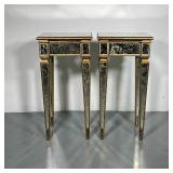 DISTRESSED MIRROR SIDE TABLES | Distressed mirror end tables with gilt bordering. - l. 16 x w. 16 x 