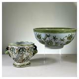 (2PC) PALM TREE BOWLS | Includes; large heavy ceramic bowl decorated with floral border and palm tre