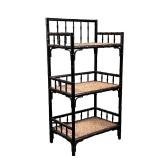 BAMBOO SHELVING | 3-tiered bamboo shelving unit with 3 woven shelves and bamboo railing. - l. 24 x w