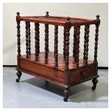 VICTORIAN STYLE MAHOGANY CANTERBURY | Mahogany 3 slotted magazine organizer with spindle carved post