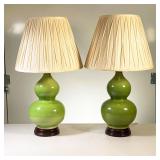 (2PC) PAIR GOURD SHAPED LAMPS | Pair of lime green gourd shaped ceramic lamps with wood base. - h. 2