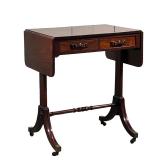 DROP LEAF SIDE TABLE | Drop leaf side table with 2 small drawers with carved wood pulls on H-stretch