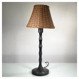 TURNED WOOD LAMP | Turned wood lamp with woven basket shade. - h. 30 x dia. 7 in 